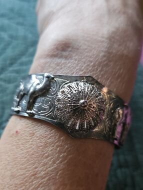 Ornate Silver-Tone Floral & Animal Motif Cuff Bracelet